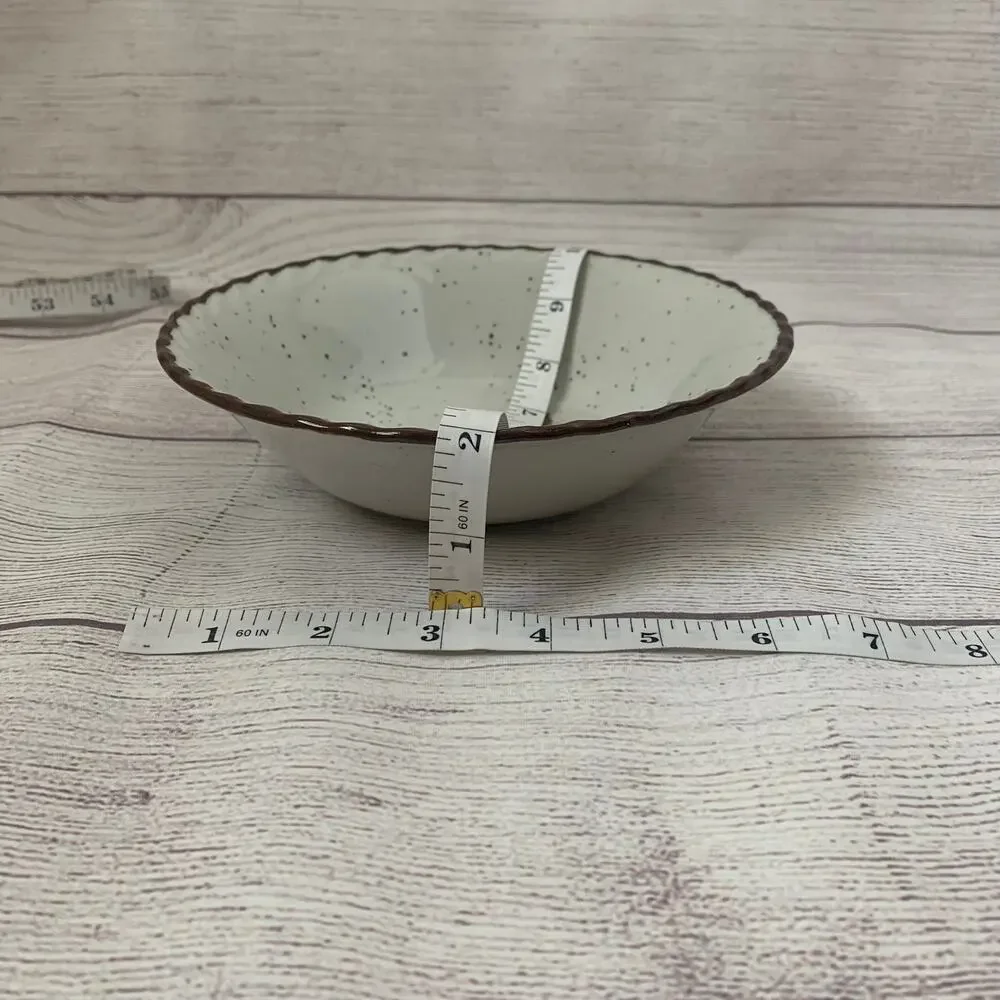 Vintage Japanese Speckled Stoneware Bowl Blue Poppy Peony Floral Scalloped Rim